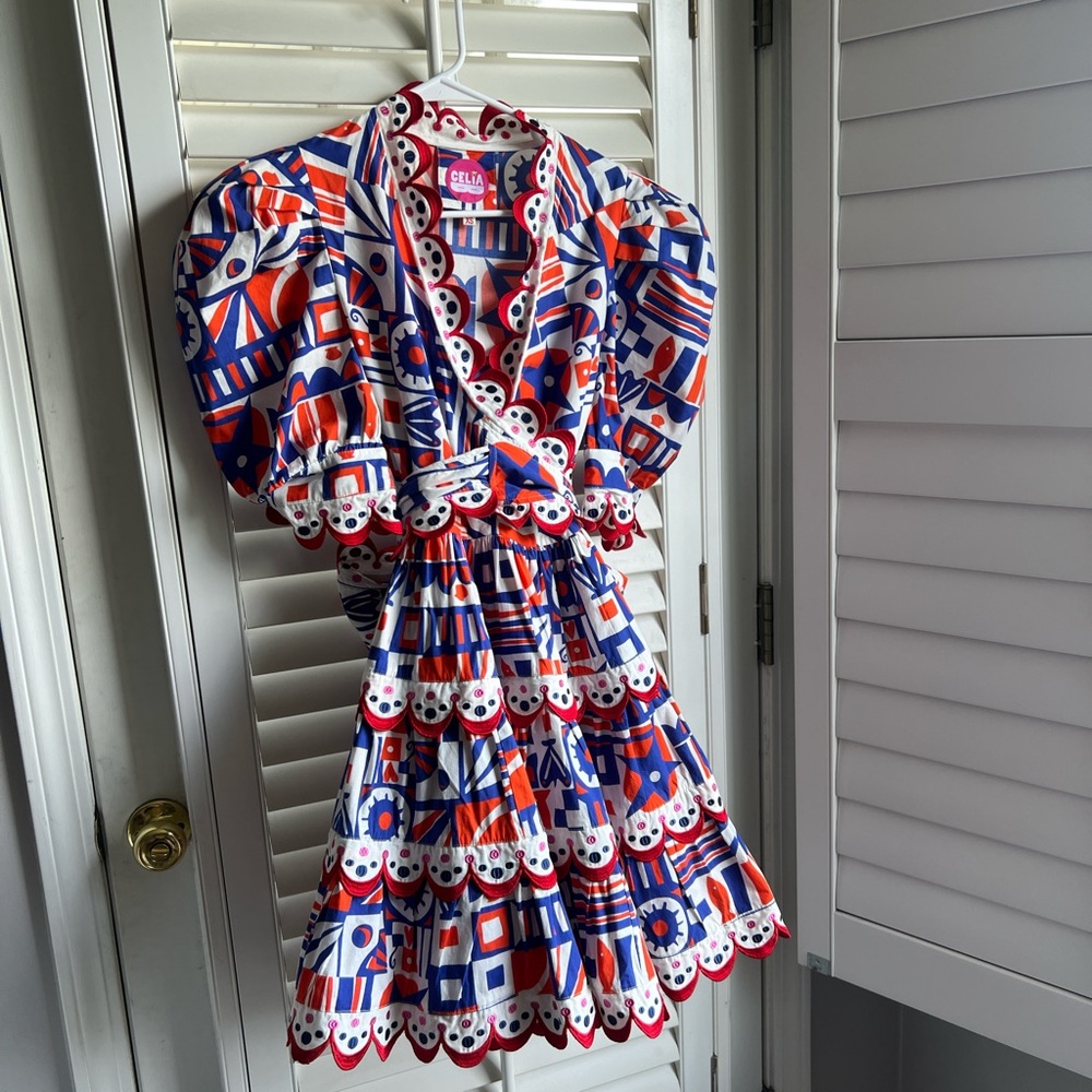 CeliaB red/blue/orange mini dress tagged size XS